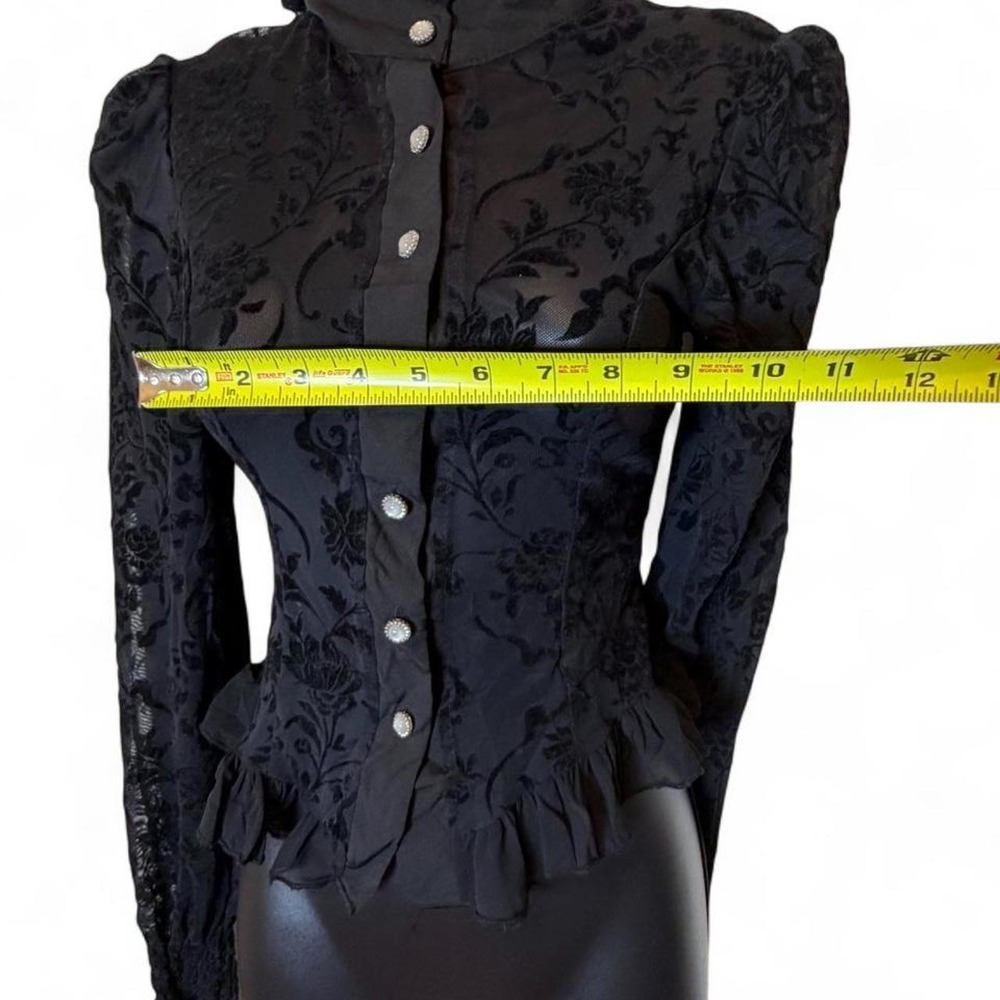 Vintage Y2K Whimsigoth Black Devore Burnout Velvet Lace Up Corset Ruffle Blouse - Picture 6 of 6